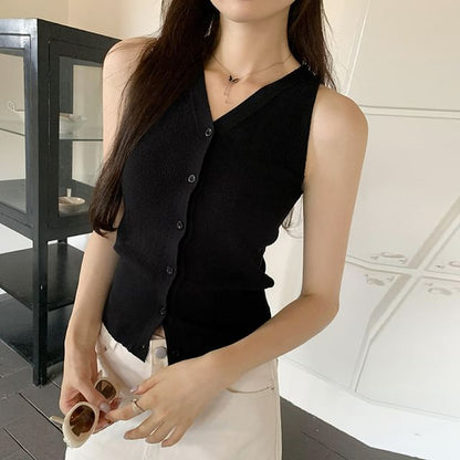 V-Neck Plain Sleeveless Button-Up Top