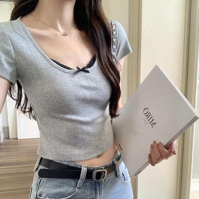 Neck Trim Sleeve Crop Short Lace Top Scoop