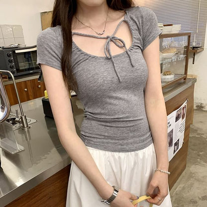 Plain Top Crop U-Neck Short-Sleeve