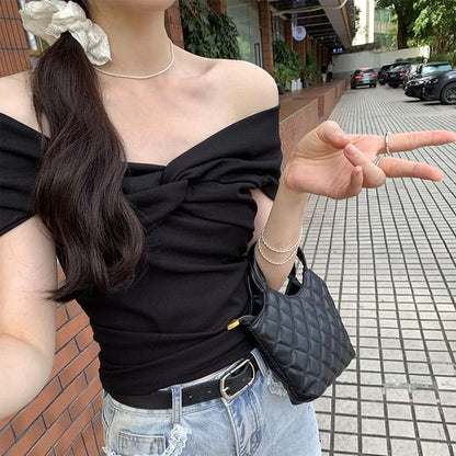 Off Twisted Short-Sleeve Plain Shoulder Top