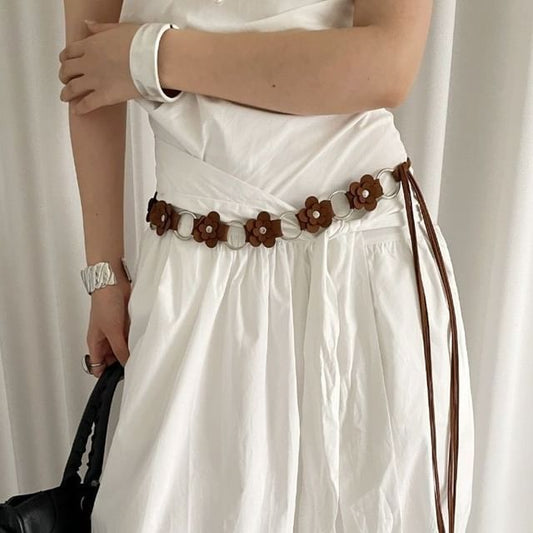 Alloy Floral Chain Waist Faux Leather