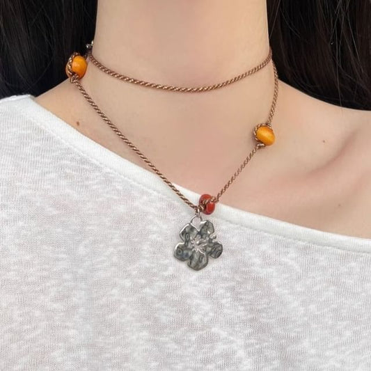 Pendant Floral Faux Necklace Gemstone Cord