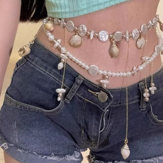 Alloy Faux Disc Shell Waist Pearl Chain