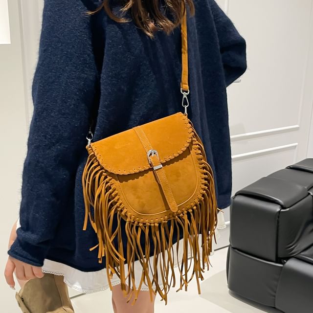 Faux Suede Bag Fringe Crossbody Saddle