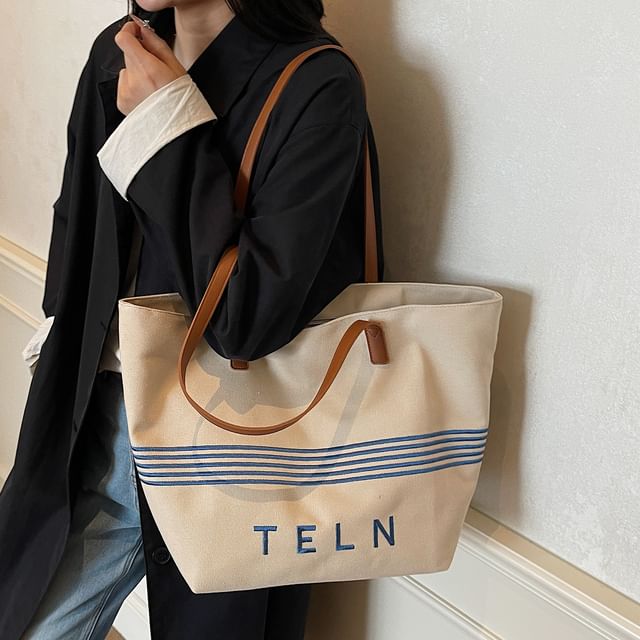 Canvas Striped Bag Embroidered Tote Lettering