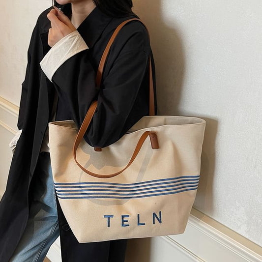 Canvas Striped Bag Embroidered Tote Lettering