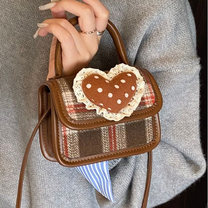 Handle Applique Flap Top Plaid Crossbody Heart Bag
