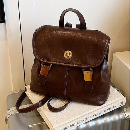 Leather Flap Backpack Faux Buckle