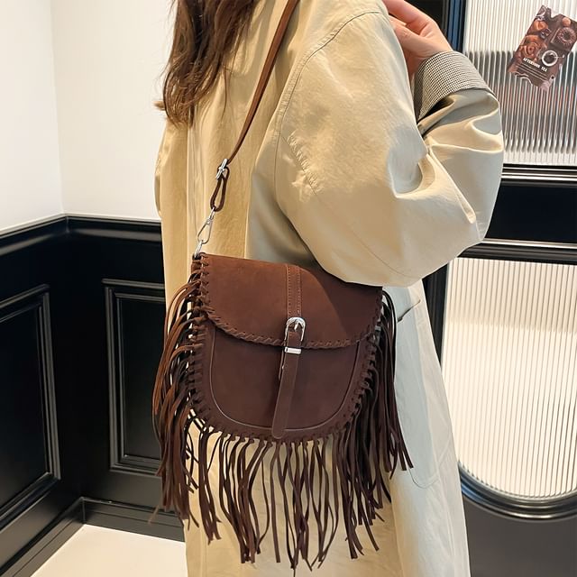 Faux Suede Bag Fringe Crossbody Saddle
