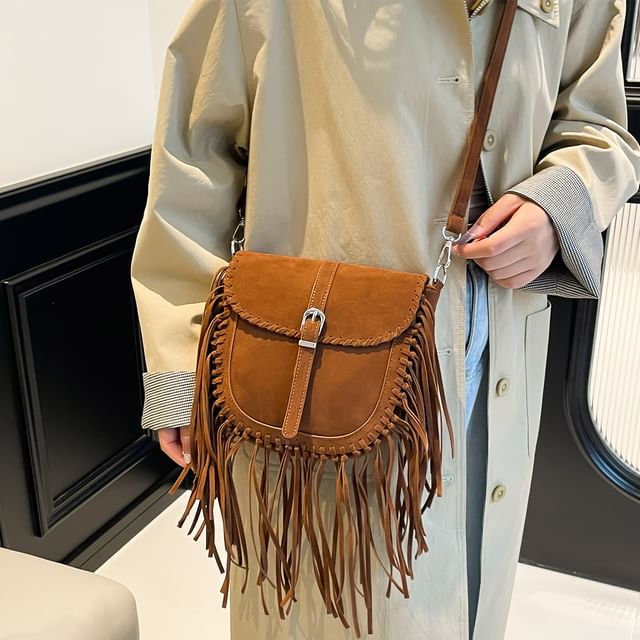 Faux Suede Bag Fringe Crossbody Saddle