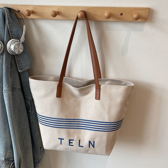Canvas Striped Bag Embroidered Tote Lettering