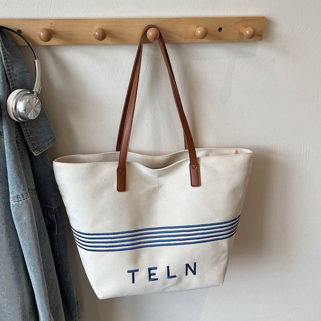 Canvas Striped Bag Embroidered Tote Lettering