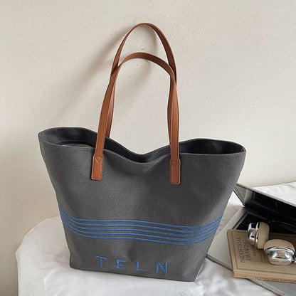 Canvas Striped Bag Embroidered Tote Lettering
