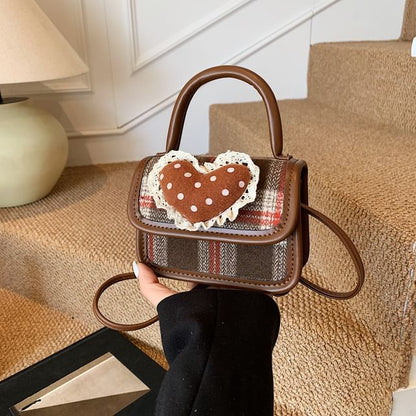 Handle Applique Flap Top Plaid Crossbody Heart Bag