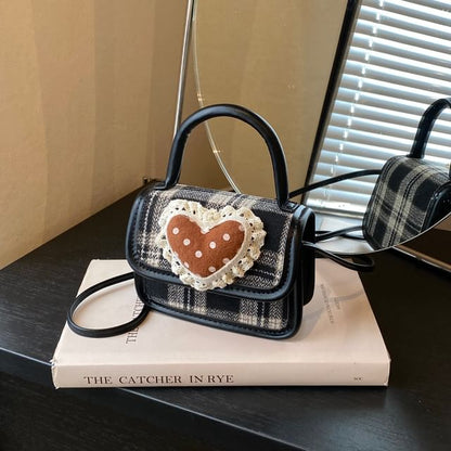 Handle Applique Flap Top Plaid Crossbody Heart Bag