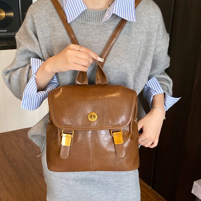 Leather Flap Backpack Faux Buckle