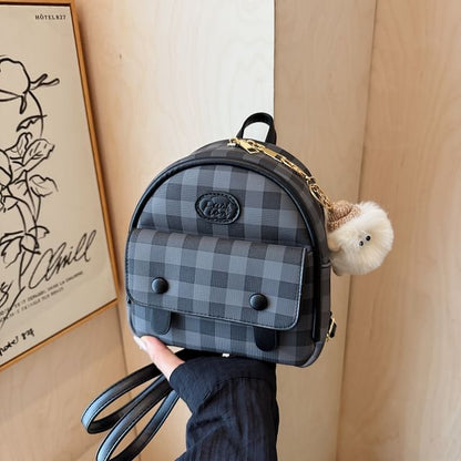 Faux Plaid Backpack Flap Leather