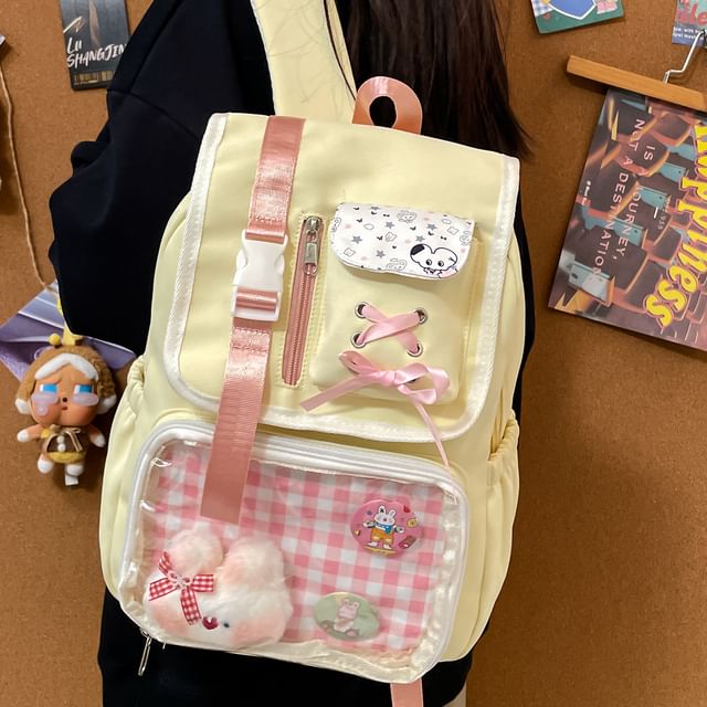 Ribbon Buckled Backpack PVC Nylon Panel Gingham