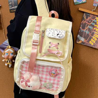 Ribbon Buckled Backpack PVC Nylon Panel Gingham