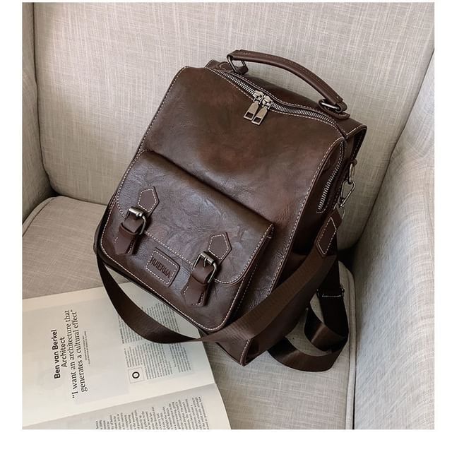 Buckled Backpack Leather Faux