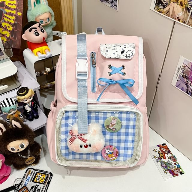 Ribbon Buckled Backpack PVC Nylon Panel Gingham