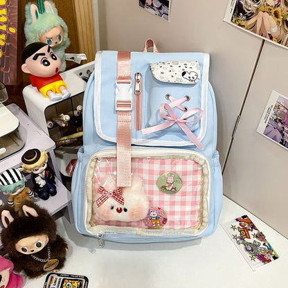 Ribbon Buckled Backpack PVC Nylon Panel Gingham