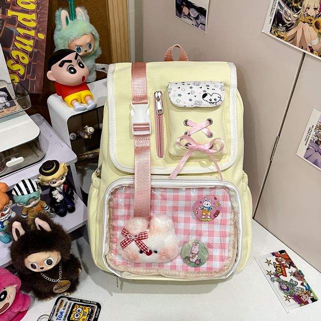 Ribbon Buckled Backpack PVC Nylon Panel Gingham