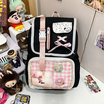 Ribbon Buckled Backpack PVC Nylon Panel Gingham