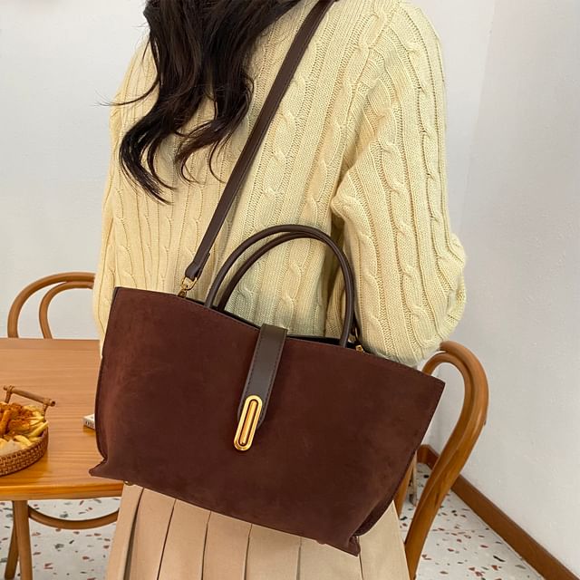 Handle Top Plain With Faux Crossbody Pouch Bag Suede
