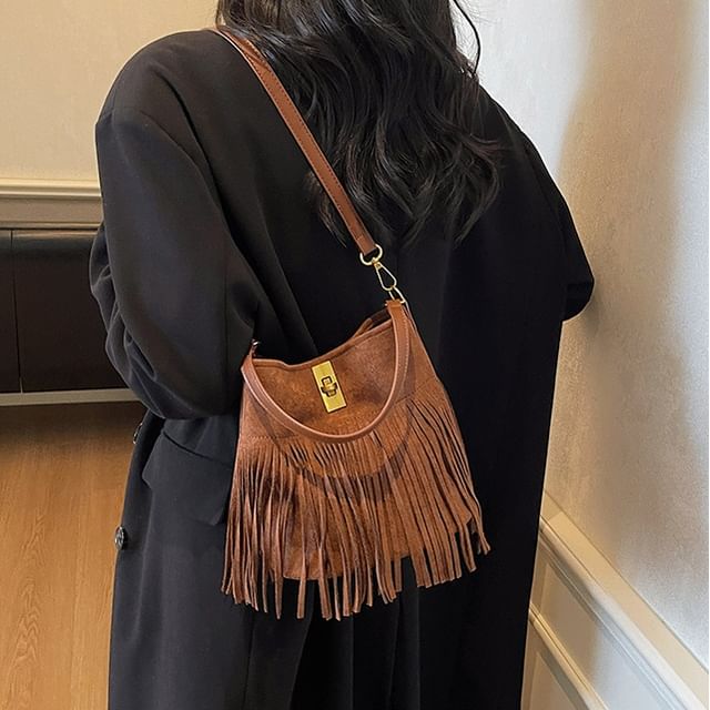 Crossbody Fringe Faux Plain With Suede Pouch Bag
