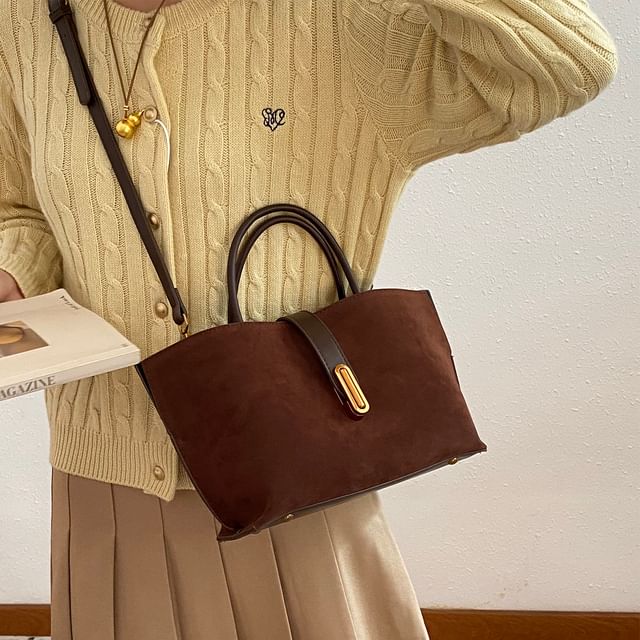 Handle Top Plain With Faux Crossbody Pouch Bag Suede
