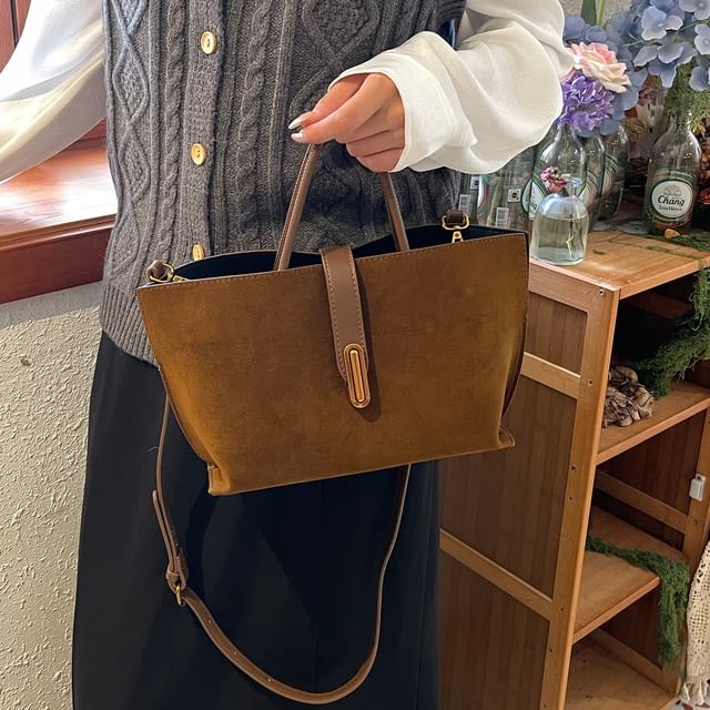Handle Top Plain With Faux Crossbody Pouch Bag Suede