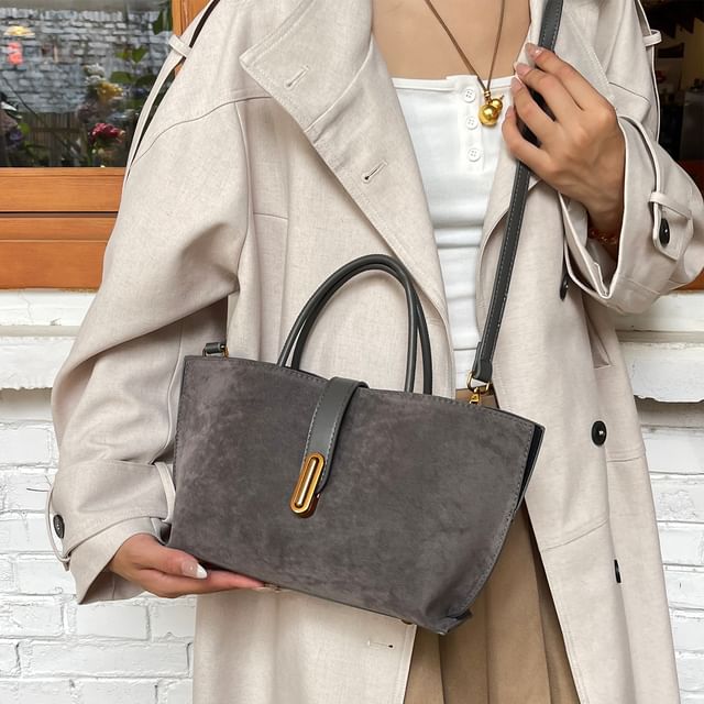 Handle Top Plain With Faux Crossbody Pouch Bag Suede