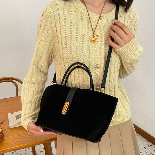 Handle Top Plain With Faux Crossbody Pouch Bag Suede
