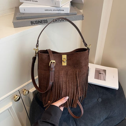 Crossbody Fringe Faux Plain With Suede Pouch Bag