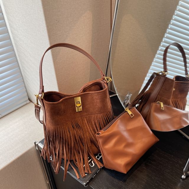 Crossbody Fringe Faux Plain With Suede Pouch Bag