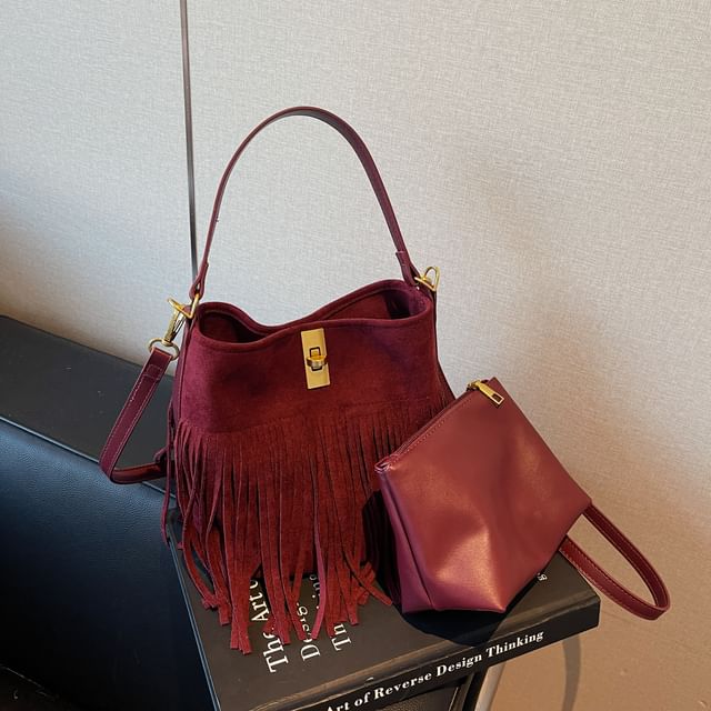 Crossbody Fringe Faux Plain With Suede Pouch Bag