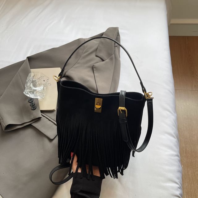 Crossbody Fringe Faux Plain With Suede Pouch Bag