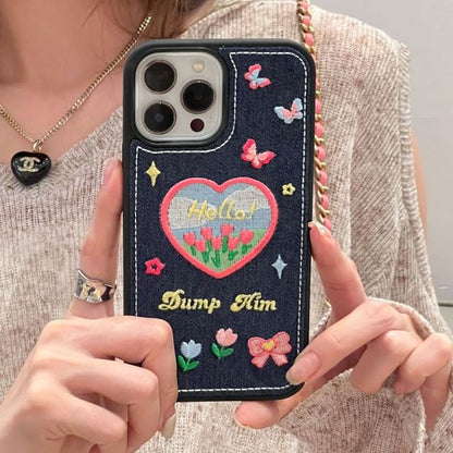Heart Tulip Embroidered Denim Phone Case