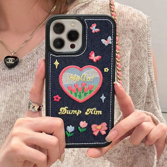 Heart Tulip Embroidered Denim Phone Case