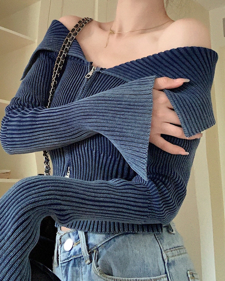 Y2K Off-Shoulder Zip-Up Top