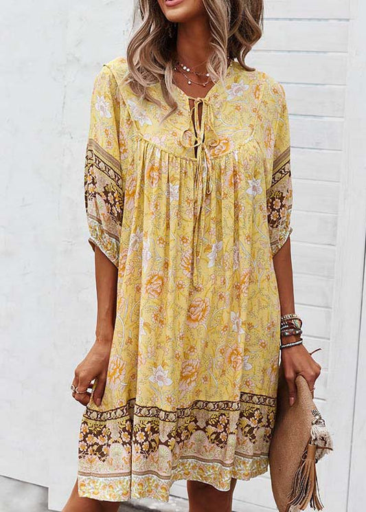 Tie Dress Beach Half Sleeve Mid Yellow Print Lace