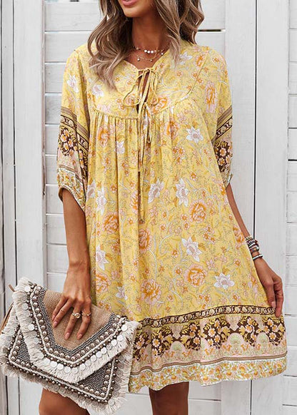 Tie Dress Beach Half Sleeve Mid Yellow Print Lace