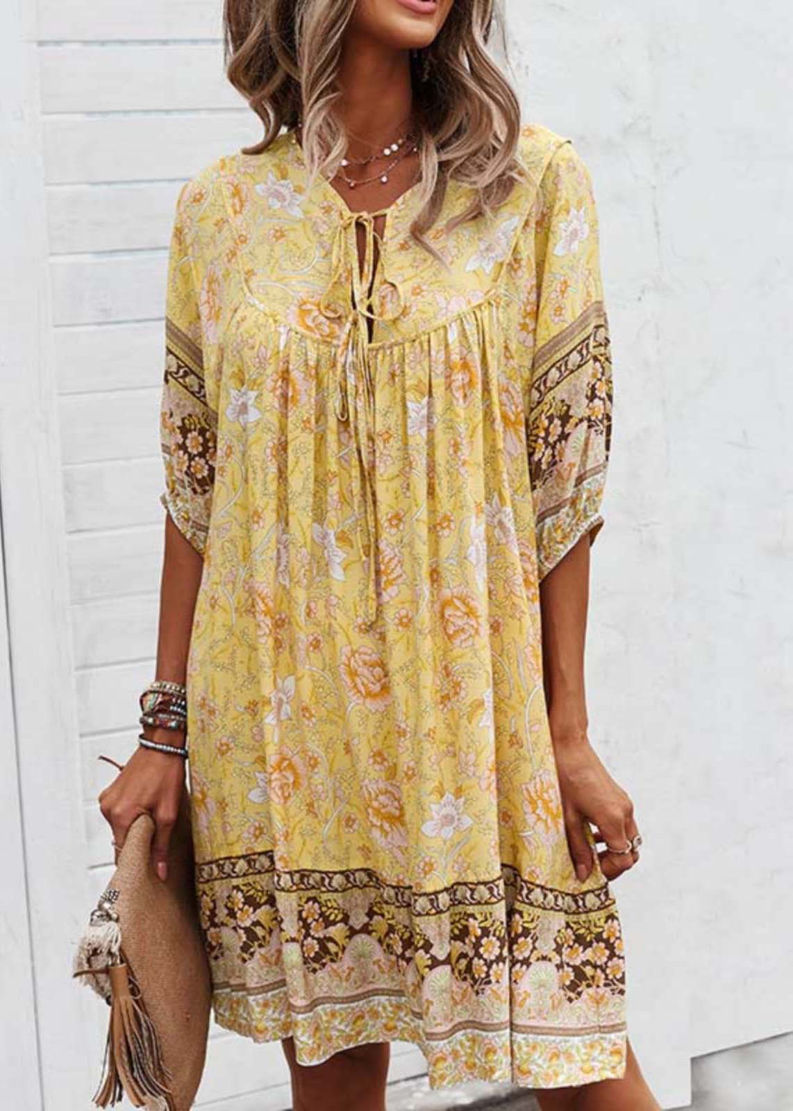 Tie Dress Beach Half Sleeve Mid Yellow Print Lace
