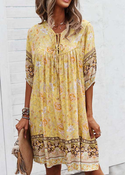 Tie Dress Beach Half Sleeve Mid Yellow Print Lace