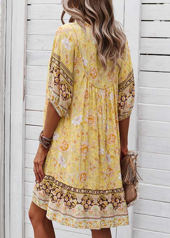 Tie Dress Beach Half Sleeve Mid Yellow Print Lace