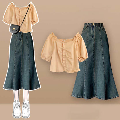 Bow Knot Butterfly Tulle Crop Top T-Shirt Fishtail Denim Skirt Set