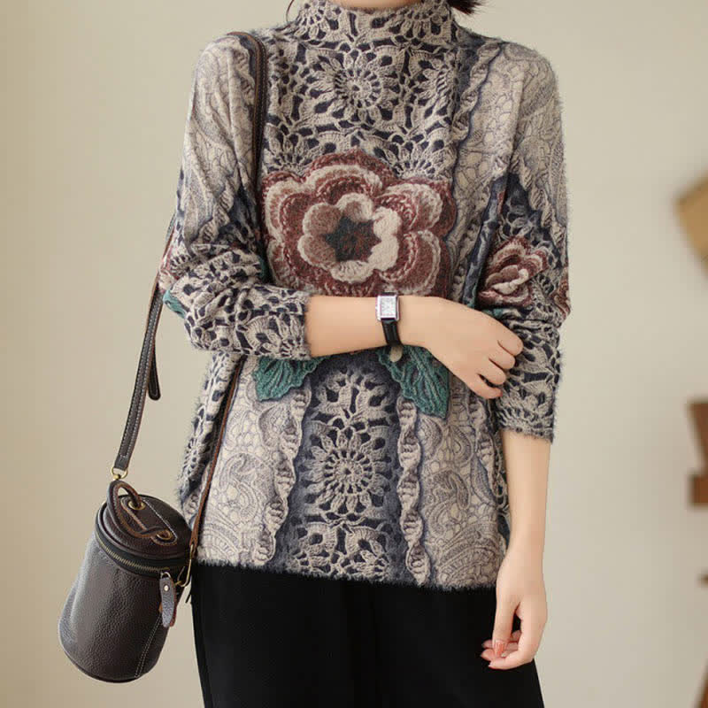 Retro Blossom Print Mock Tutleneck Sweater