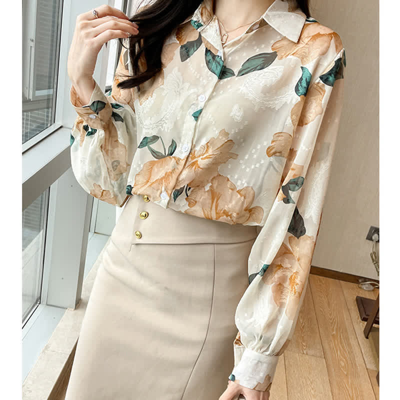 Sweet Floral Puff Sleeve Lapel Chiffon Shirt