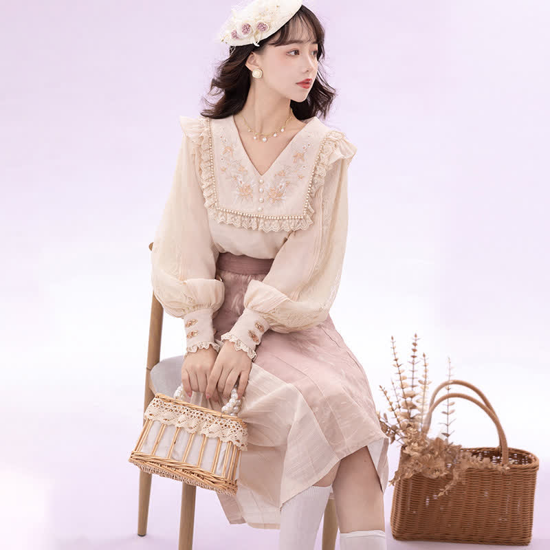 Elegant Embroidery Pink Shirt High Waist Split Pleated Skirt